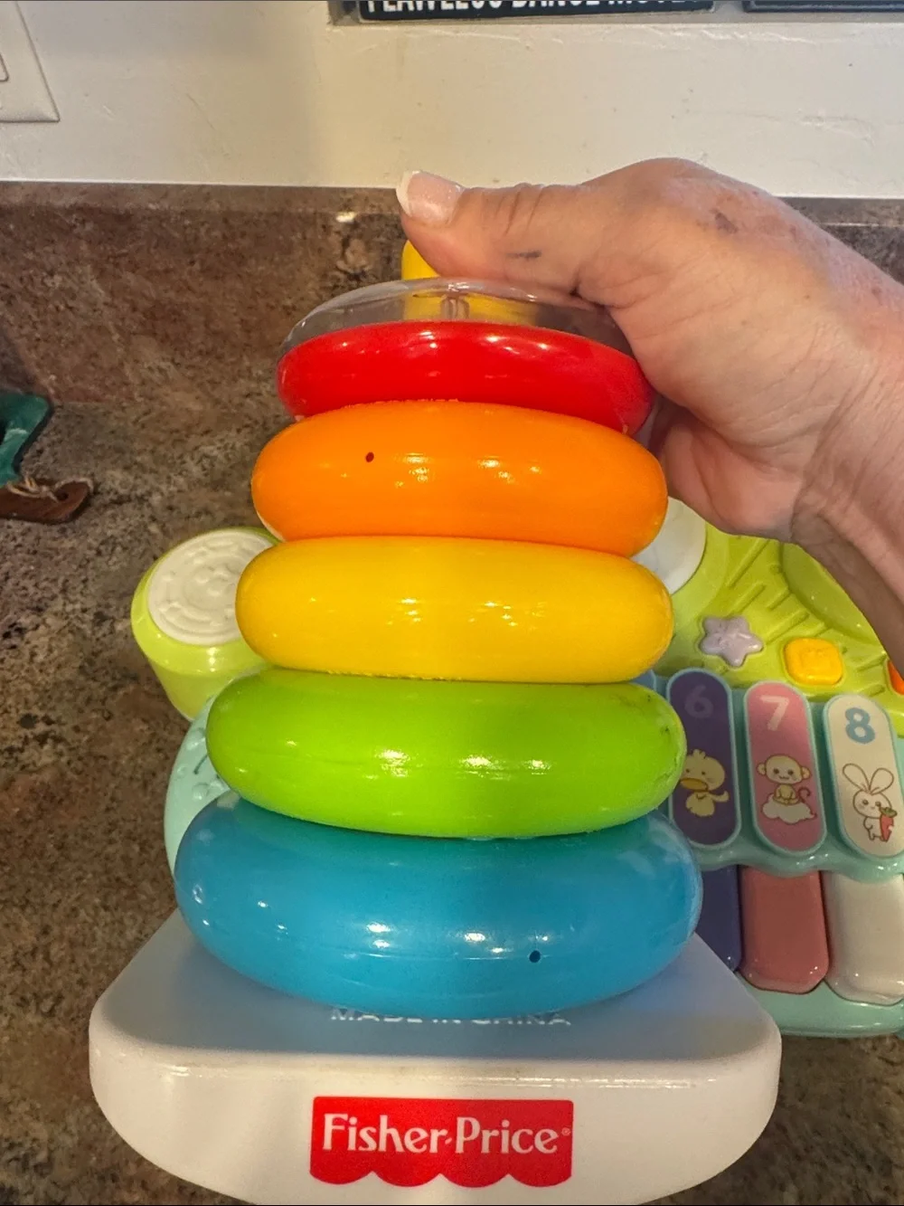 Pre school toy bundle Light-Up Musical Piano , Tupperware shape sorter, rings